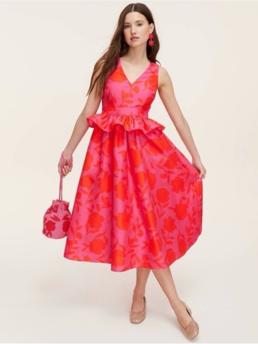 NWT Kate Spade Vibrant Pink & Red Floral Peplum Midi Dress